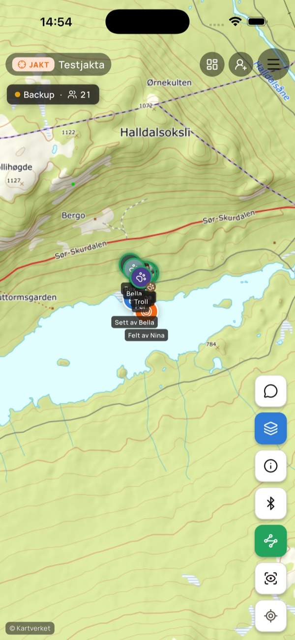 Jaktlaget live på Kartverket-topo